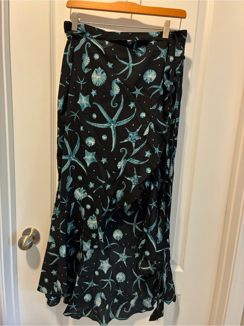 Água Bendita Black Maxi Skirt with Teal Sea Life Print